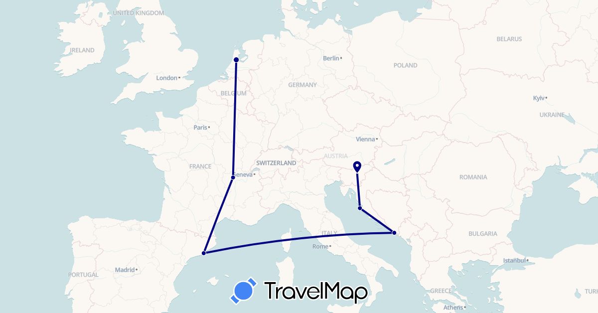 TravelMap itinerary: driving in Spain, France, Croatia, Netherlands, Slovenia (Europe)